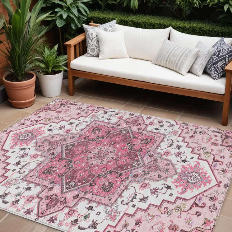 10' X 14' Pink Ivory And Gray Oriental Washable Indoor Outdoor Area Rug