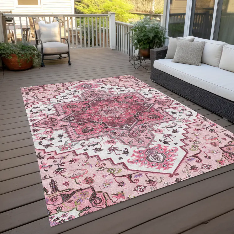 10' X 14' Pink Ivory And Gray Oriental Washable Indoor Outdoor Area Rug