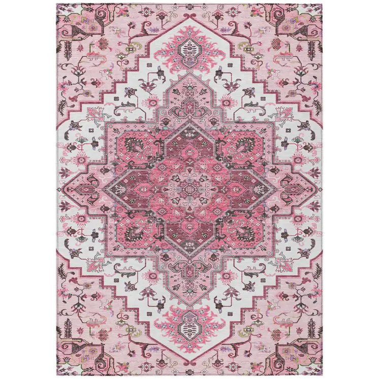 10' X 14' Pink Ivory And Gray Oriental Washable Indoor Outdoor Area Rug