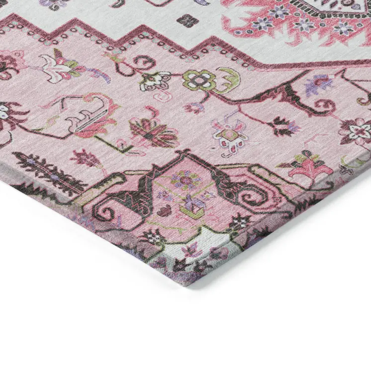 10' X 14' Pink Ivory And Gray Oriental Washable Indoor Outdoor Area Rug
