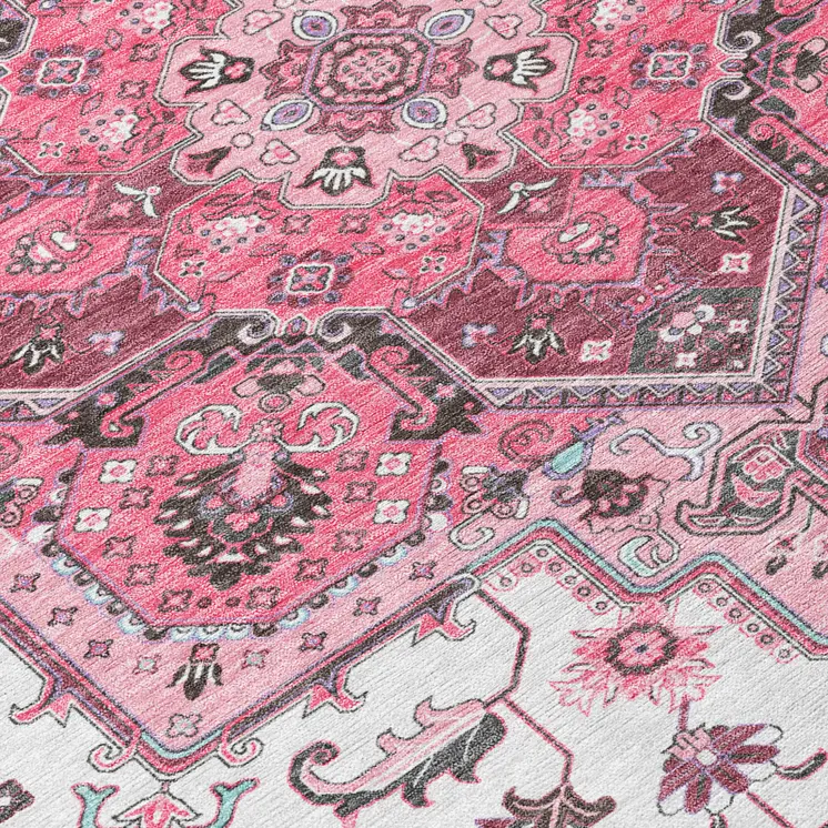 10' X 14' Pink Ivory And Gray Oriental Washable Indoor Outdoor Area Rug