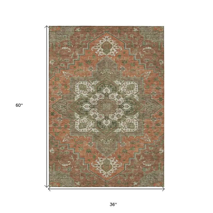 3' X 5' Rust Green And Brown Oriental Washable Indoor Outdoor Area Rug