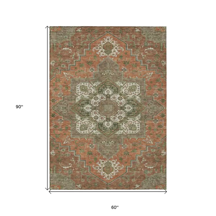 5' X 8' Rust Green And Brown Oriental Washable Indoor Outdoor Area Rug