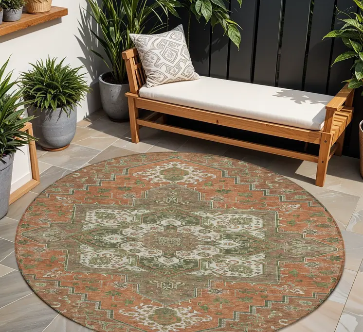 8' Rust Green And Brown Round Oriental Washable Indoor Outdoor Area Rug