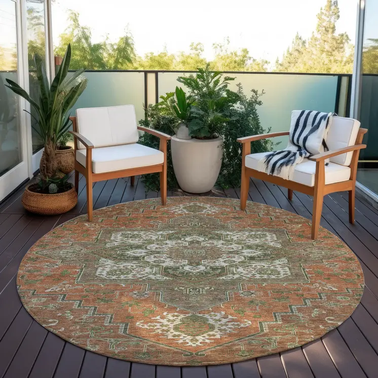 8' Rust Green And Brown Round Oriental Washable Indoor Outdoor Area Rug