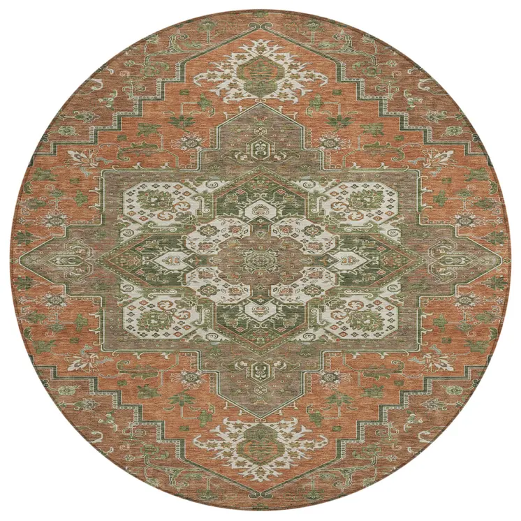 8' Rust Green And Brown Round Oriental Washable Indoor Outdoor Area Rug