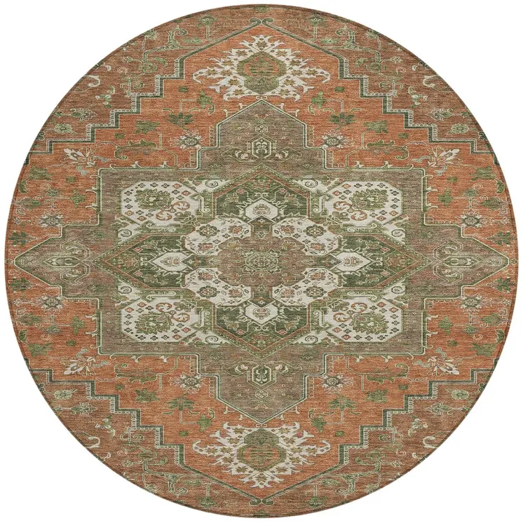 8' Rust Green And Brown Round Oriental Washable Indoor Outdoor Area Rug