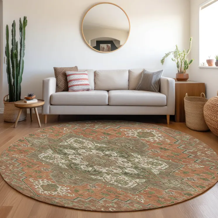 8' Rust Green And Brown Round Oriental Washable Indoor Outdoor Area Rug