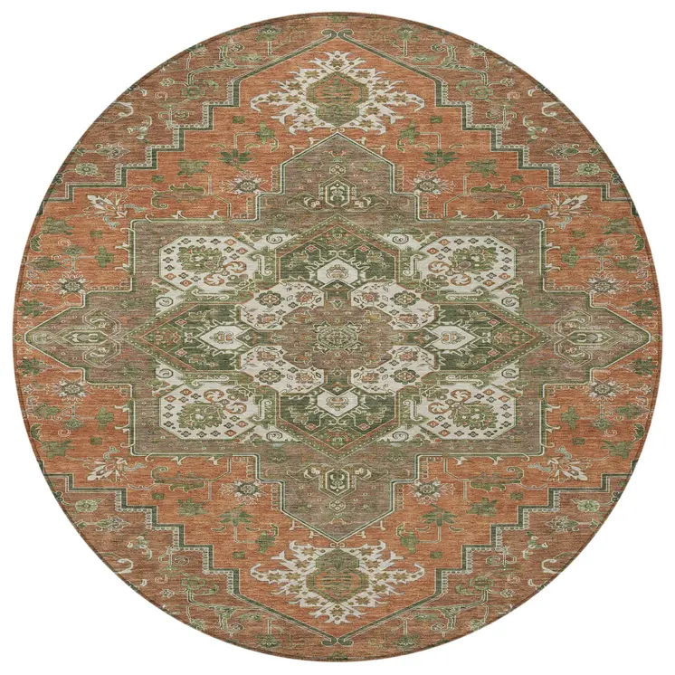 8' Rust Green And Brown Round Oriental Washable Indoor Outdoor Area Rug