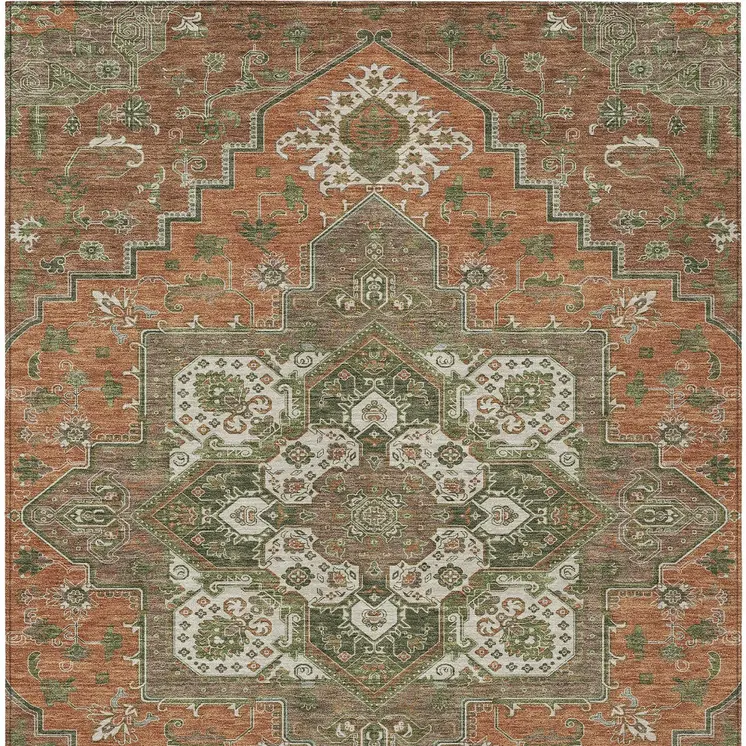 9' X 12' Rust Green And Brown Oriental Washable Indoor Outdoor Area Rug