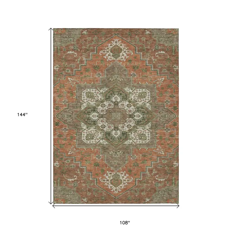 9' X 12' Rust Green And Brown Oriental Washable Indoor Outdoor Area Rug