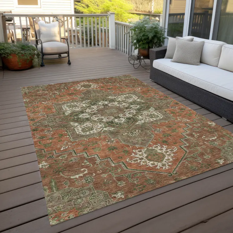 9' X 12' Rust Green And Brown Oriental Washable Indoor Outdoor Area Rug