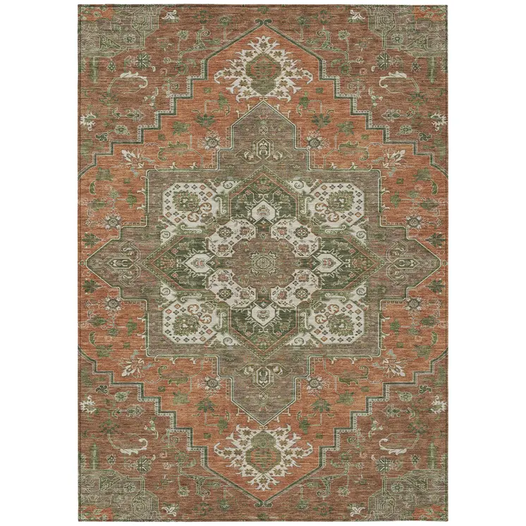 9' X 12' Rust Green And Brown Oriental Washable Indoor Outdoor Area Rug