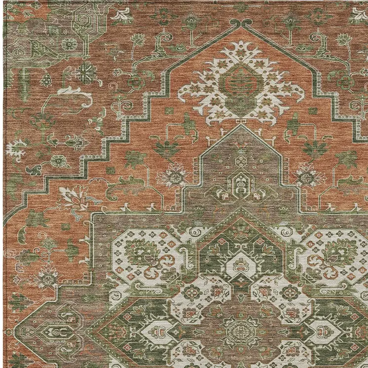 9' X 12' Rust Green And Brown Oriental Washable Indoor Outdoor Area Rug