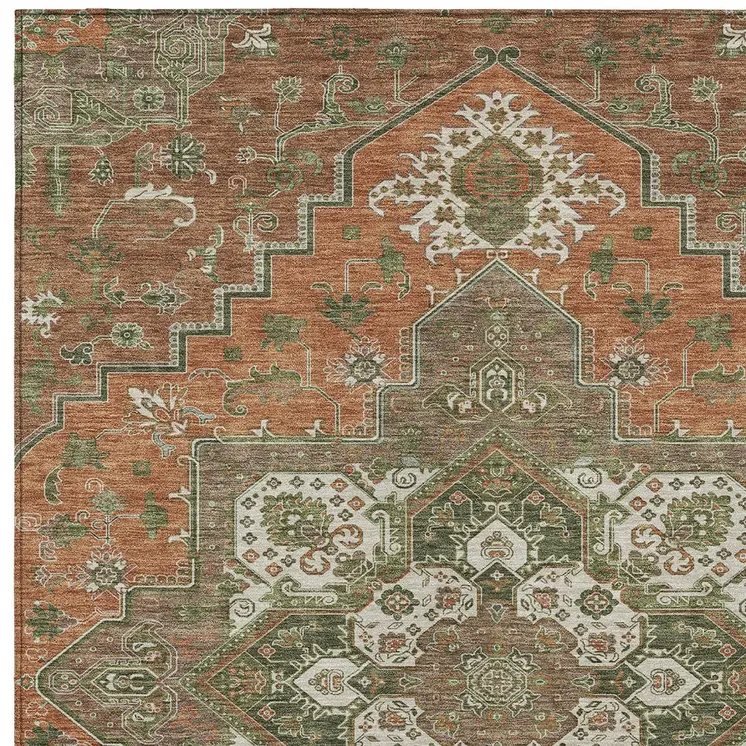 10' X 14' Rust Green And Brown Oriental Washable Indoor Outdoor Area Rug