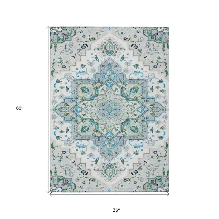 3' X 5' Silver Ivory And Green Oriental Washable Indoor Outdoor Area Rug