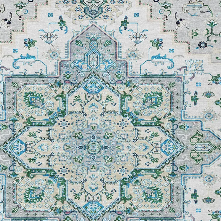 3' X 5' Silver Ivory And Green Oriental Washable Indoor Outdoor Area Rug