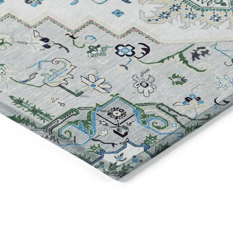 3' X 5' Silver Ivory And Green Oriental Washable Indoor Outdoor Area Rug