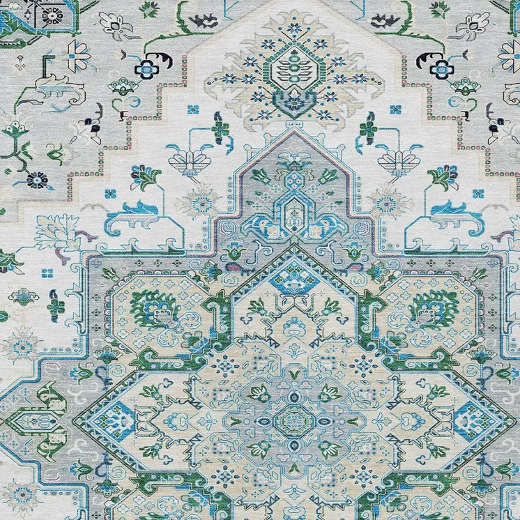 8' X 10' Silver Ivory And Green Oriental Washable Indoor Outdoor Area Rug