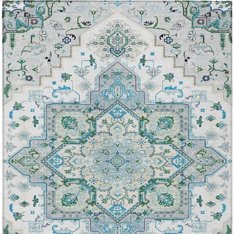 8' X 10' Silver Ivory And Green Oriental Washable Indoor Outdoor Area Rug