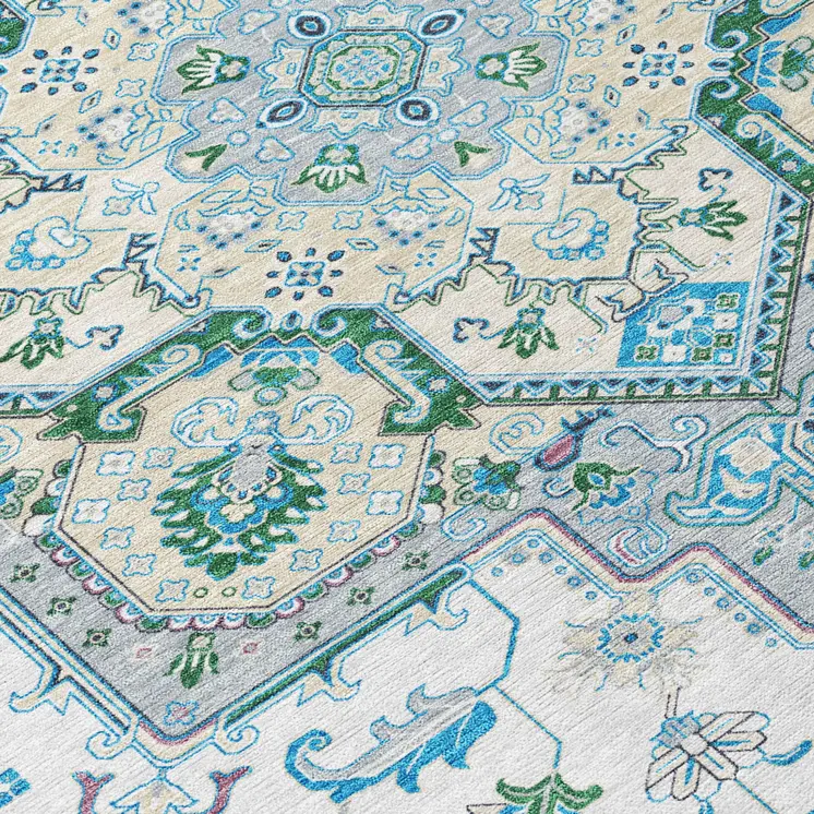 8' X 10' Silver Ivory And Green Oriental Washable Indoor Outdoor Area Rug