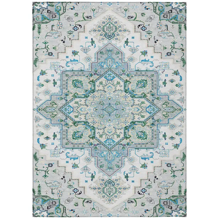 9' X 12' Silver Ivory And Green Oriental Washable Indoor Outdoor Area Rug