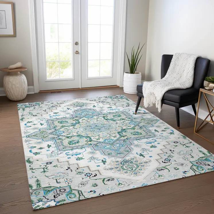 9' X 12' Silver Ivory And Green Oriental Washable Indoor Outdoor Area Rug