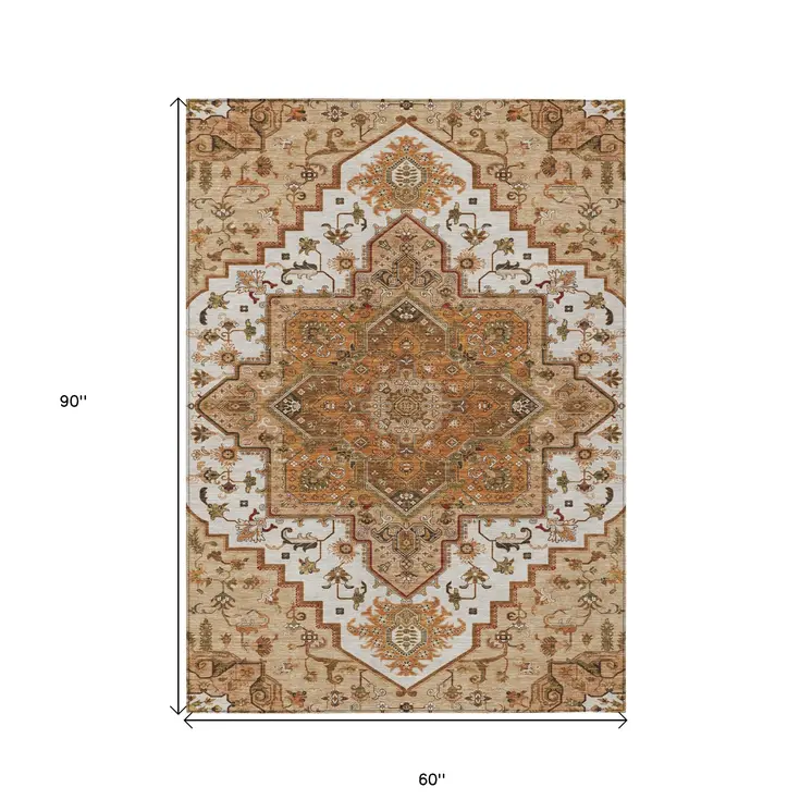5' X 8' Terra Cotta Beige And Brown Oriental Washable Indoor Outdoor Area Rug