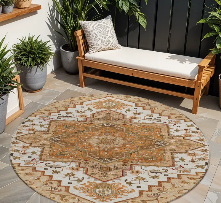 8' Terra Cotta Beige And Brown Round Oriental Washable Indoor Outdoor Area Rug
