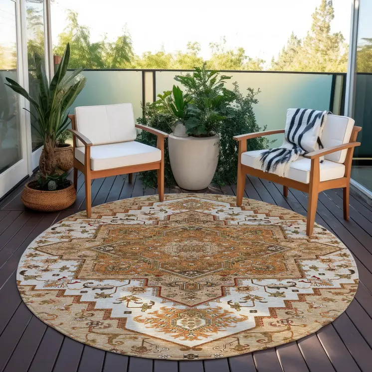 8' Terra Cotta Beige And Brown Round Oriental Washable Indoor Outdoor Area Rug