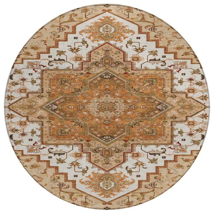 8' Terra Cotta Beige And Brown Round Oriental Washable Indoor Outdoor Area Rug