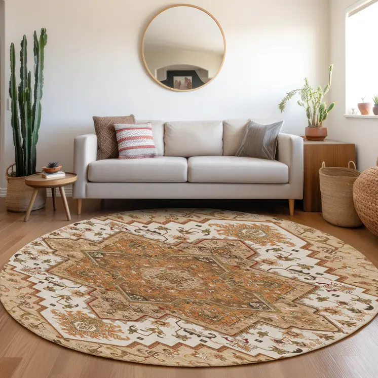 8' Terra Cotta Beige And Brown Round Oriental Washable Indoor Outdoor Area Rug