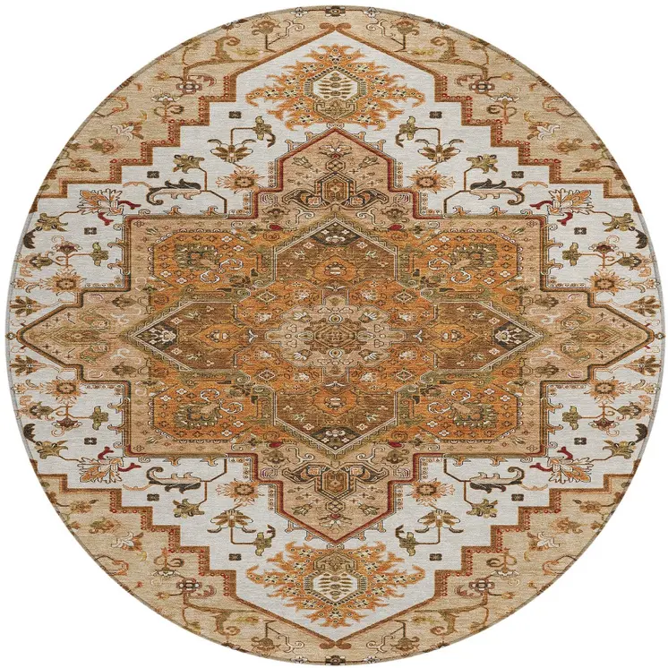 8' Terra Cotta Beige And Brown Round Oriental Washable Indoor Outdoor Area Rug