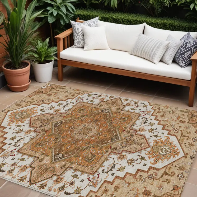 8' X 10' Terra Cotta Beige And Brown Oriental Washable Indoor Outdoor Area Rug