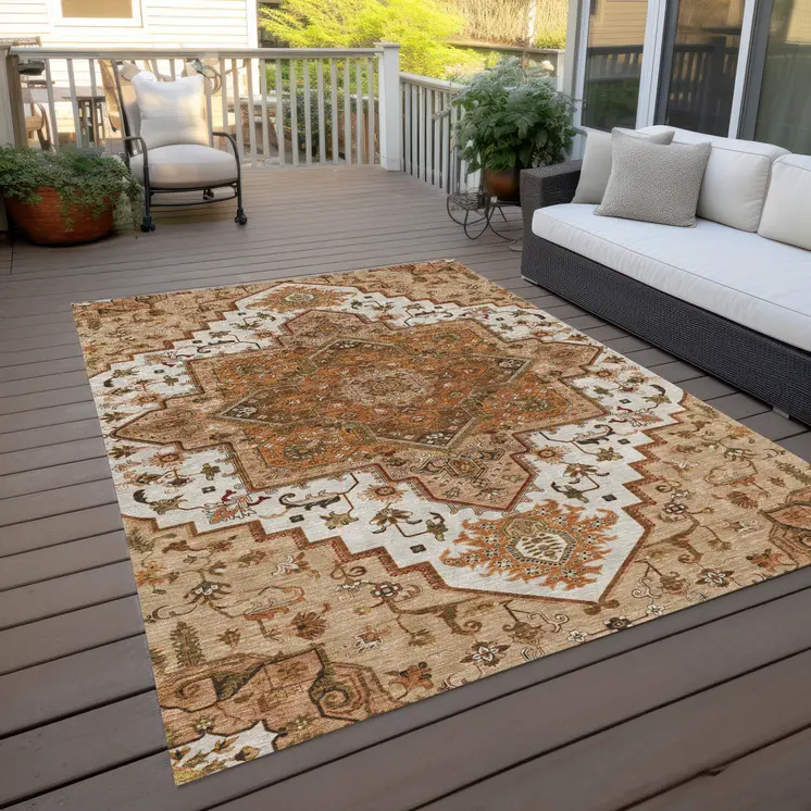 8' X 10' Terra Cotta Beige And Brown Oriental Washable Indoor Outdoor Area Rug