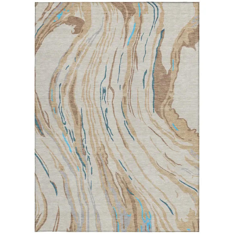3' X 5' Beige Teal Blue And Ivory Abstract Washable Indoor Outdoor Area Rug