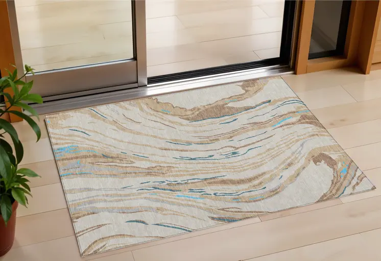 3' X 5' Beige Teal Blue And Ivory Abstract Washable Indoor Outdoor Area Rug