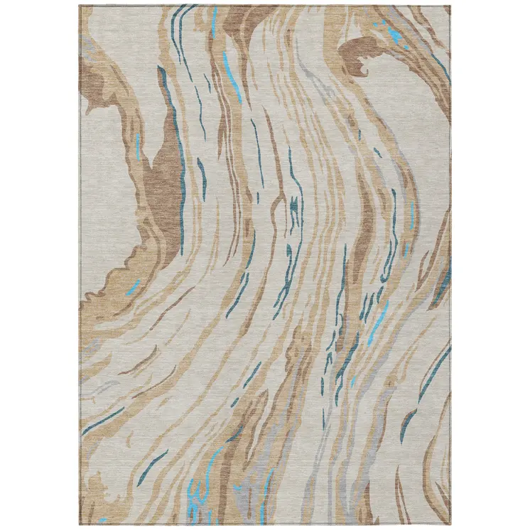3' X 5' Beige Teal Blue And Ivory Abstract Washable Indoor Outdoor Area Rug