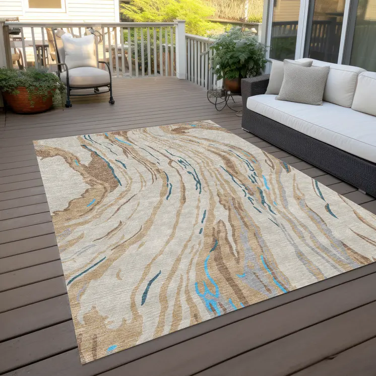 5' X 8' Beige Teal Blue And Ivory Abstract Washable Indoor Outdoor Area Rug