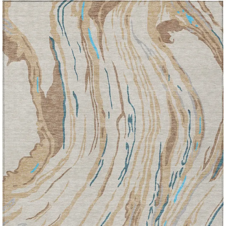 5' X 8' Beige Teal Blue And Ivory Abstract Washable Indoor Outdoor Area Rug
