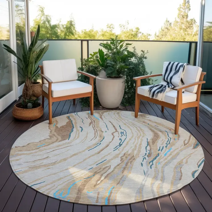 8' Beige Teal Blue And Ivory Round Abstract Washable Indoor Outdoor Area Rug