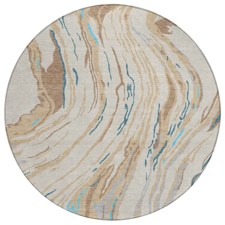 8' Beige Teal Blue And Ivory Round Abstract Washable Indoor Outdoor Area Rug