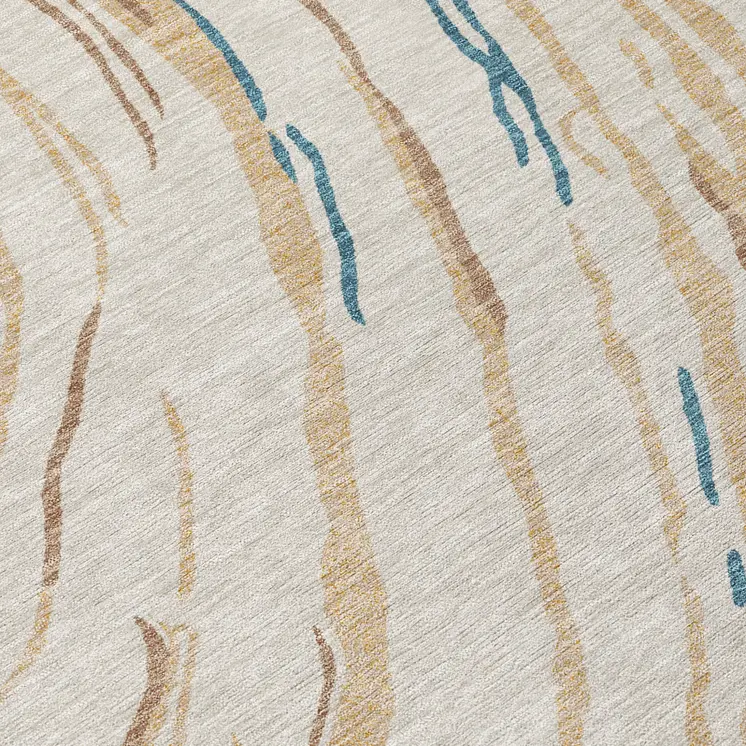 8' Beige Teal Blue And Ivory Round Abstract Washable Indoor Outdoor Area Rug