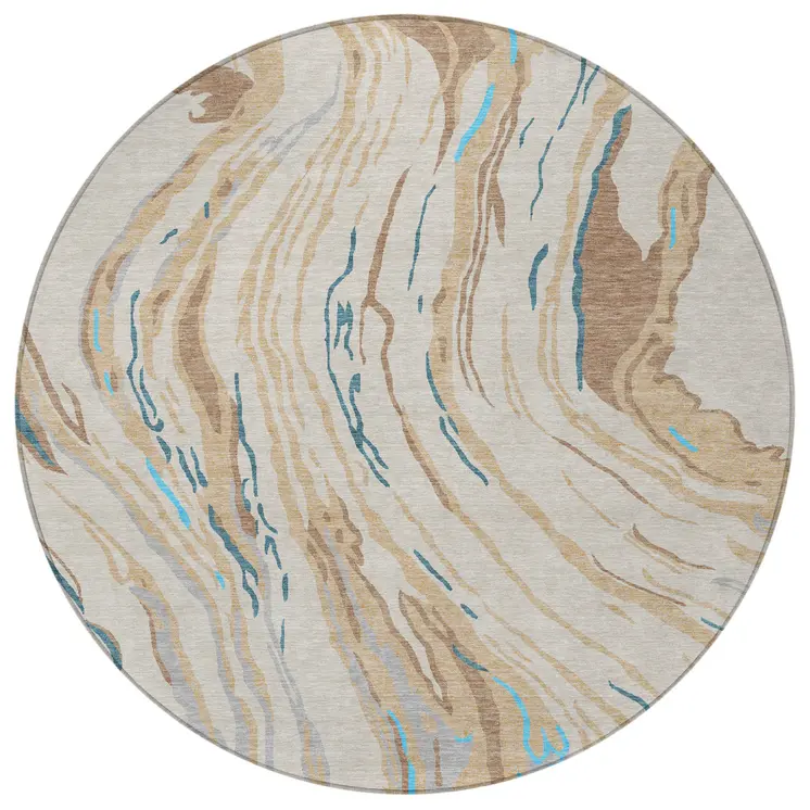 8' Beige Teal Blue And Ivory Round Abstract Washable Indoor Outdoor Area Rug
