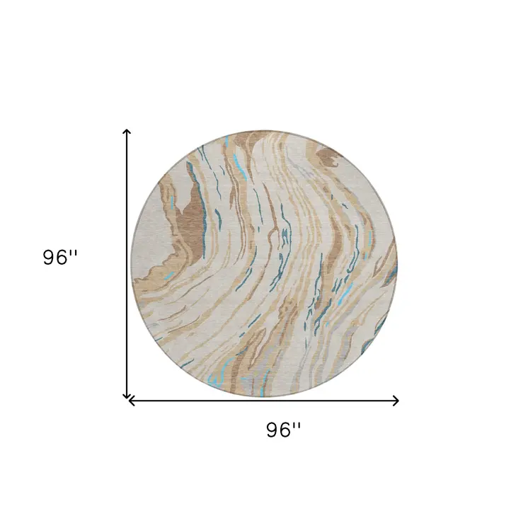 8' Beige Teal Blue And Ivory Round Abstract Washable Indoor Outdoor Area Rug