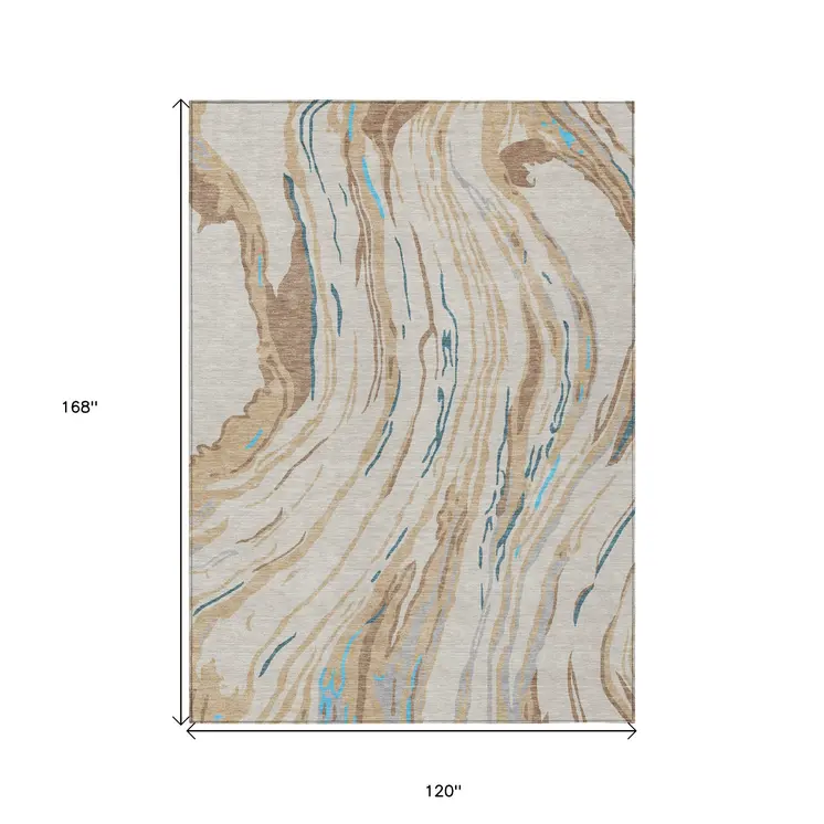 10' X 14' Beige Teal Blue And Ivory Abstract Washable Indoor Outdoor Area Rug