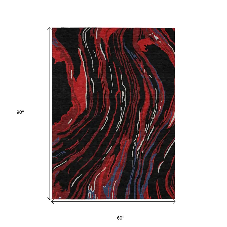 5' X 8' Black Red And Gray Abstract Washable Indoor Outdoor Area Rug