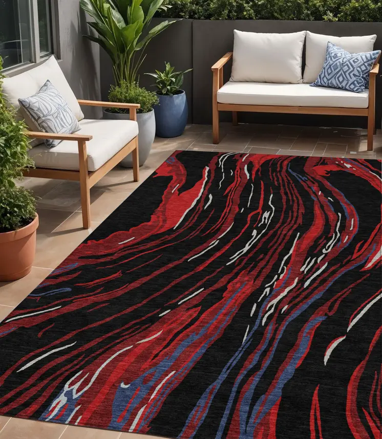 5' X 8' Black Red And Gray Abstract Washable Indoor Outdoor Area Rug