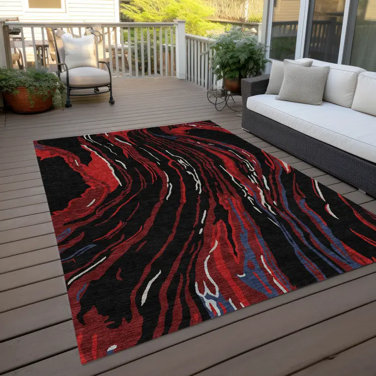 5' X 8' Black Red And Gray Abstract Washable Indoor Outdoor Area Rug