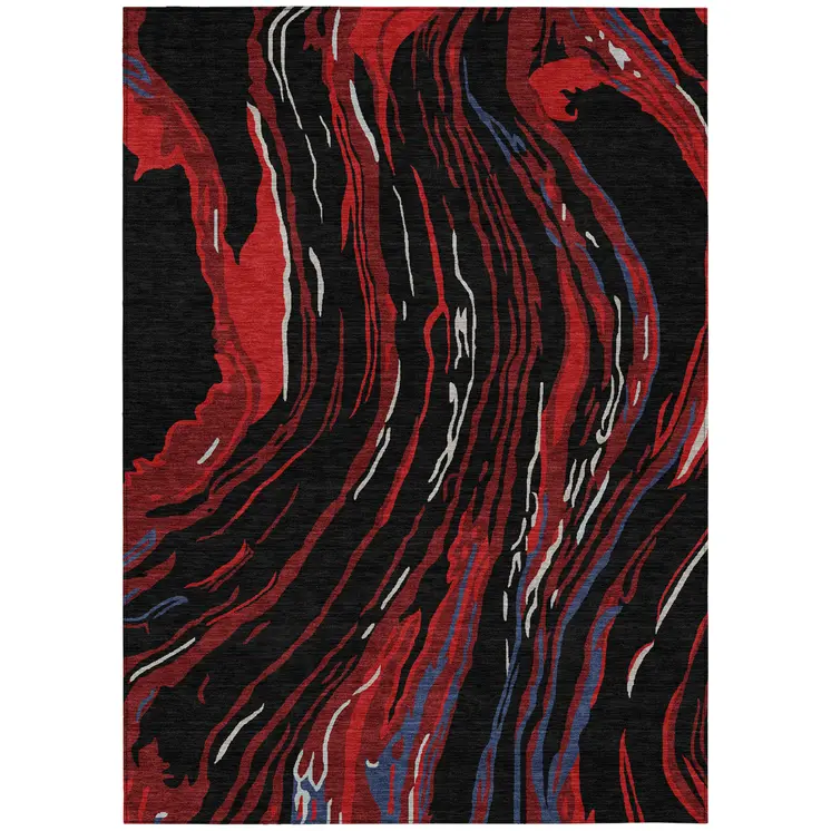 5' X 8' Black Red And Gray Abstract Washable Indoor Outdoor Area Rug